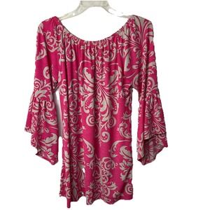 Women's Pink Scroll Tunic Bell Sleeve Large Stretchy‎ Scoop Neck